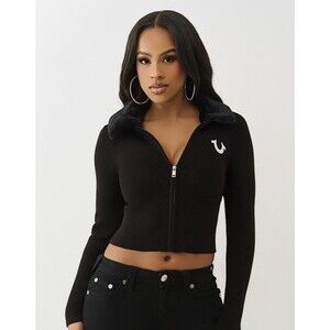 True Religion Ribbed Faux Fur Sweater Large Black Full Zip Crop NWT $139